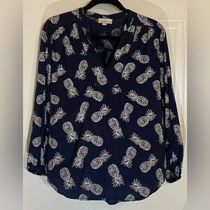 LOFT Outlet Navy with White Pineapples Blouse Small